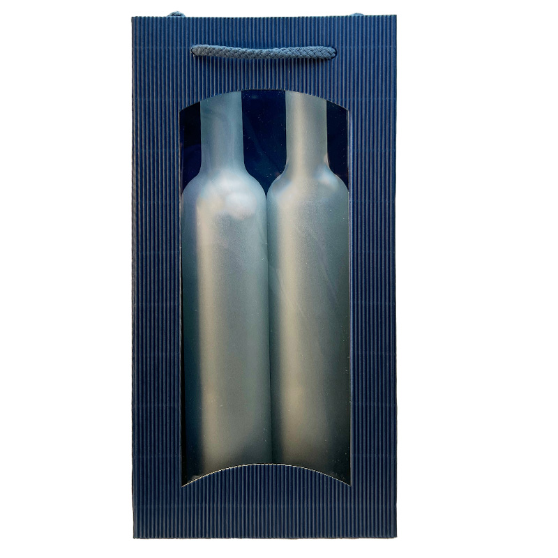 Tragetasche | f. 2 Flaschen | blau | Karton: Welle | mit Sichtfenster
