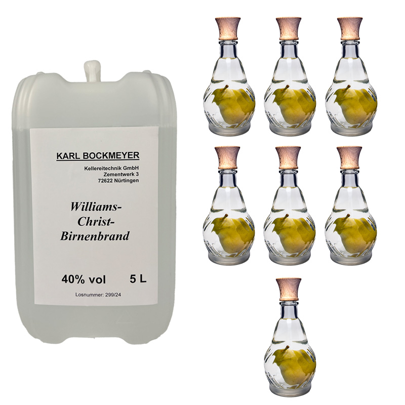 SET: Williams- Christ-Birnenbrand aus Deutschland 40 %vol 5 l | Williams-Karaffe | Premium-Holzverschluss