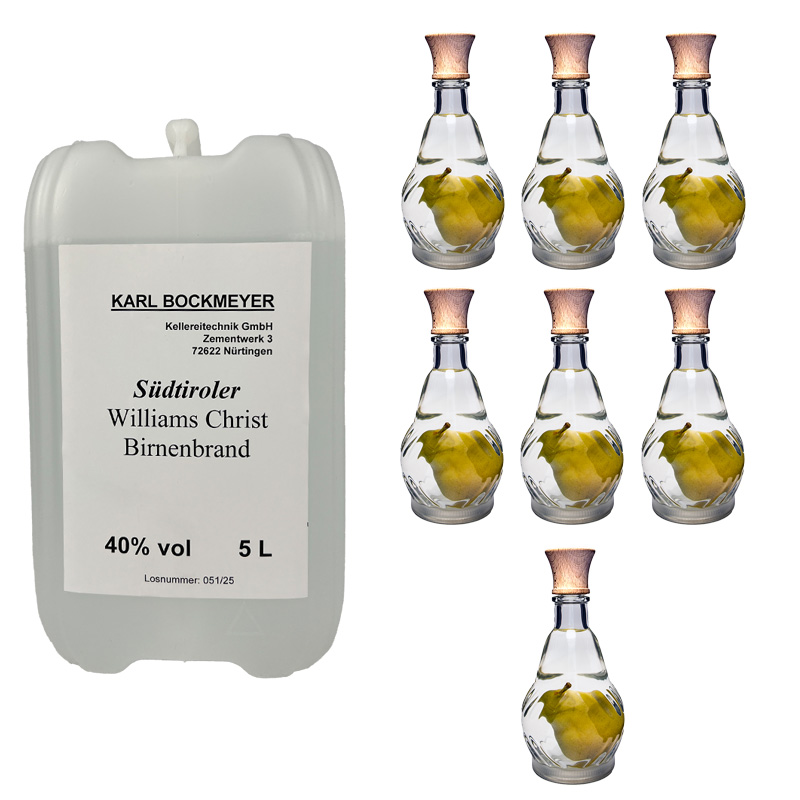 SET: Williams- Christ-Birnenbrand aus SÜDTIROL 40 %vol 5 l | Williams-Karaffe | Premium-Holzverschluss