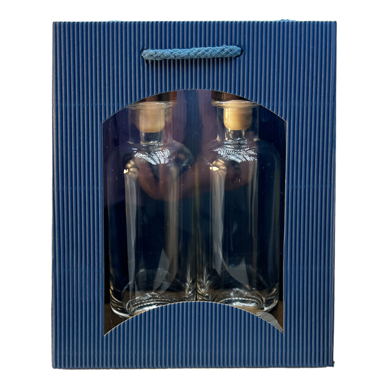 Tragetasche | f. 2 Piccolo-Flaschen | blau | Karton: Welle | mit Sichtfenster