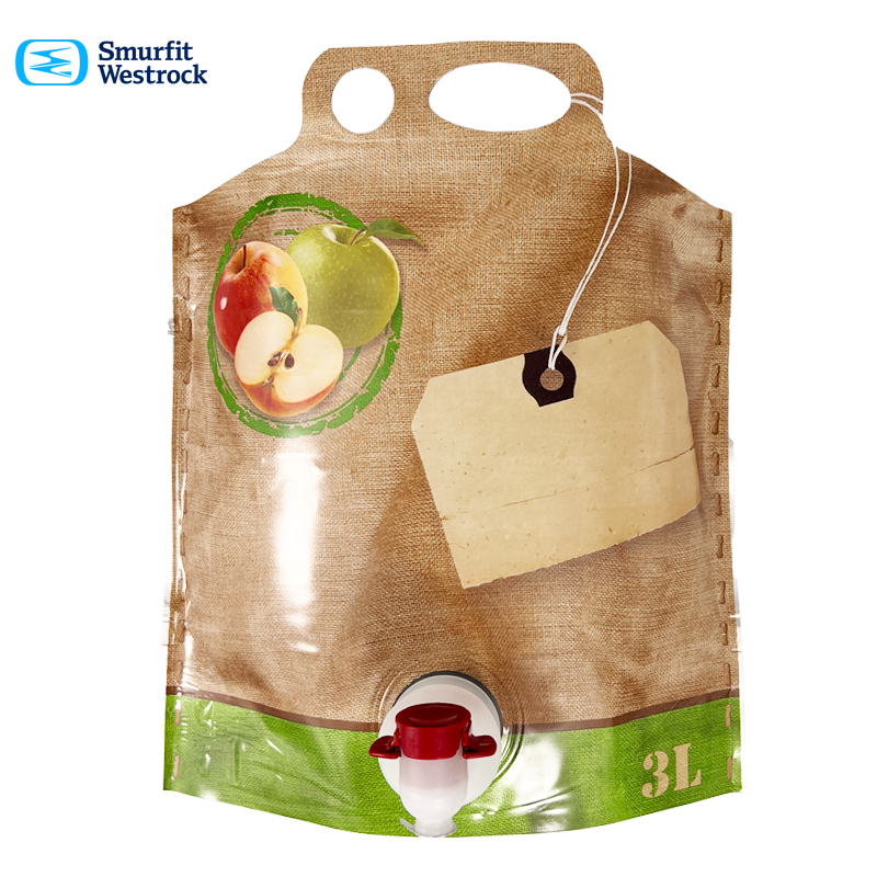 3l Bag in Box | POUCH UP | für Saft | Smurfit | mit Apfelmotiv | Auslauf mittig